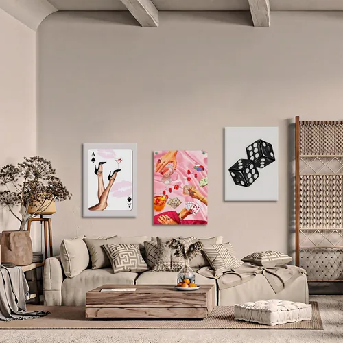 Vista 7 de Juego de 3 arte de pared de dados de póker enmarcados en blanco y negro, impresiones en lienzo estéticas retro Y2K, fotos de póster rosa de moda