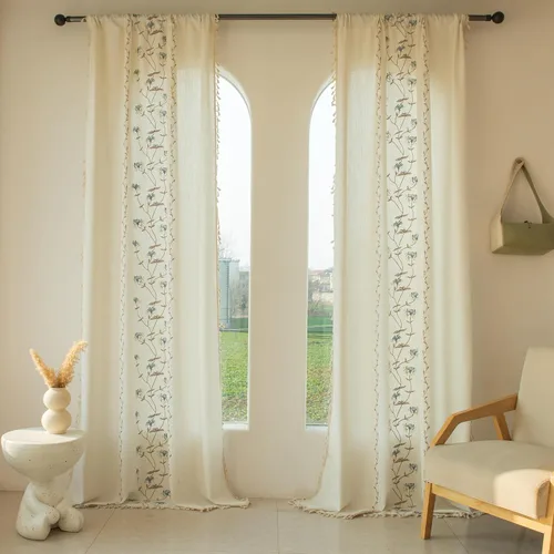 Vista 15 de BHUSB Cortinas rústicas para sala de estar de 63 pulgadas de largo, cortinas de ventana de lino y algodón con estampado floral bohemio, cortinas