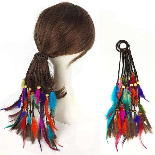 Vista 8 de 4 piezas de cuerda para el pelo de plumas gitanas hippies hechas a mano para mujer para cola de caballo bohemia, elásticos con plumas, diadema
