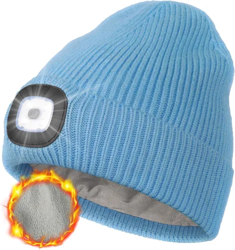 Vista 16 de MELASA Gorro de invierno con forro polar LED, recargable por USB, gorro cálido con luz integrada, regalos para hombres, papá, esposo, él