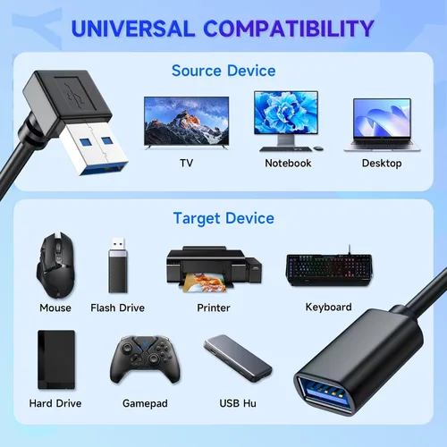 Vista 4 de Cable de extensión USB3.0 en ángulo descendente, cable de extensión USB A hembra a USB-A macho, cable extensor con contactos chapados en oro