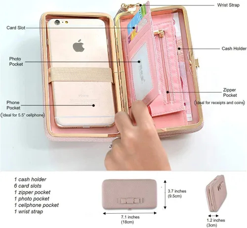 Vista 6 de Cartera larga con lazo para mujer, tarjetero para teléfono, bolsillo de gran capacidad, Rosa (Cherry Blossom Pink), Classic