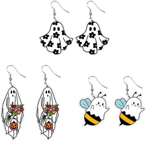 Vista 5 de Aretes colgantes de acrílico de acetato de calabaza, fantasma, murciélago, colgante, creativo, palma, globo ocular, telaraña, para mujeres y niñas