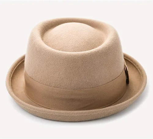 Vista 3 de F FADVES Sombrero de pastel de cerdo 100% fieltro de lana para hombre, sombrero de cerdo que rompe malo, parte superior plana para hombre, Fedora