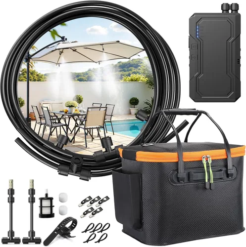 Vista 8 de Sistema de nebulización portátil con soporte, juego de rociadores de refrigeración de agua de 6000 mAh para patio exterior, cubo de 20 L, altura