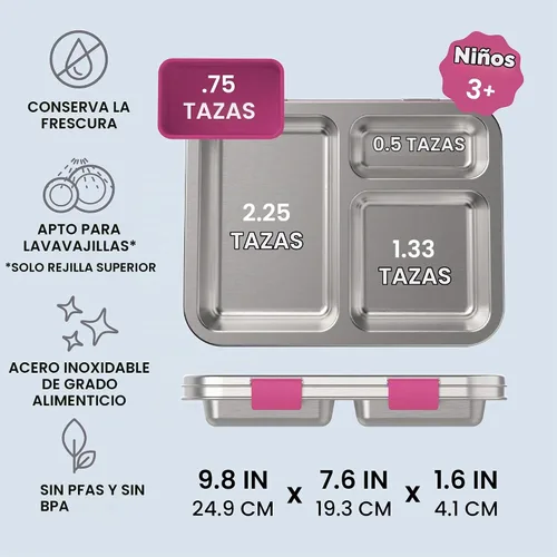 Vista 3 de Bentgo Kids - Lonchera de acero inoxidable resistente a fugas, 3 compartimentos Recipiente de silicona adicional, sin PFAS y BPA, resistente al