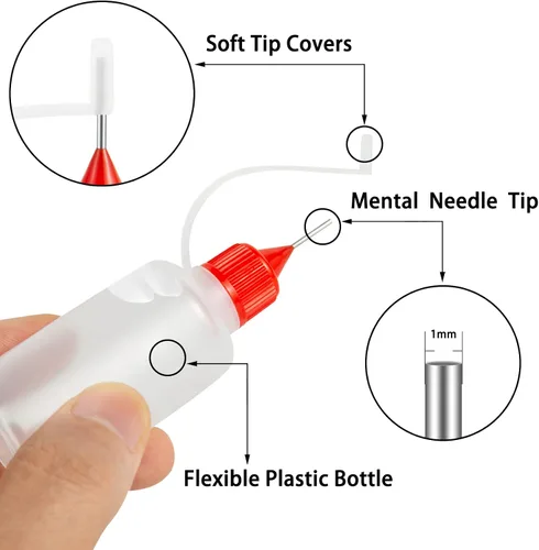 Vista 3 de 18 piezas de botellas aplicadoras de pegamento de punta de aguja de precisión, 6 colores 10 ml/1 oz botella de compresión de punta de aguja fina