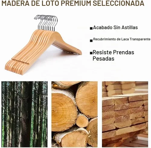 Vista 5 de Amber Home Paquete de 10 perchas de madera para camisas y vestidos, acabado natural liso