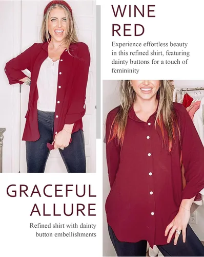 Vista 50 de Odosalii - Camisas con botones para mujer, con cuello en V, manga larga, enrolladas, blusas elegantes y formales para negocios y ocasiones casuales