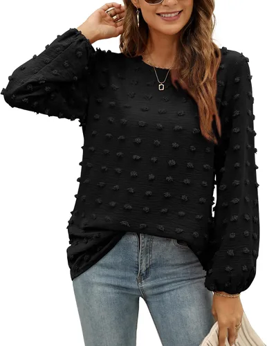 Vista 3 de XIEERDUO Blusas de gasa de manga larga con cuello redondo para mujer, blusas elegantes y holgadas con pompones