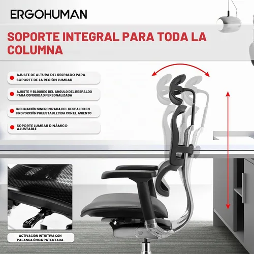 Vista 7 de Ergohuman Eurotech LEM4ERG - Silla de oficina ejecutiva de malla con respaldo alto con asiento de cuero, control de tensión de inclinación, bloqueo