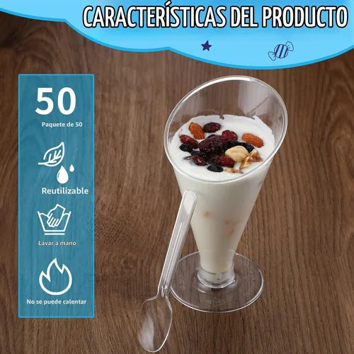 Vista 5 de Nuogo Paquete de 50 tazas transparentes de postre cucharas, mini tazas de postre, cucharas de plástico de Martini de 4 onzas, vasos de postre