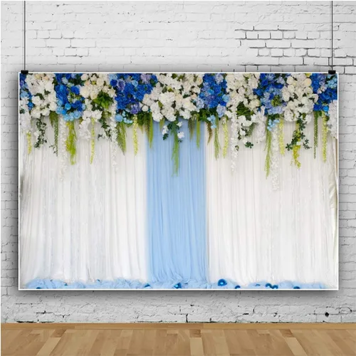 Vista 3 de AOFOTO Cortina de flores azules y blancas de 6 x 4 pies, telón de fondo de boda, romántico, cortinas de pared florales para novia, novio, damas