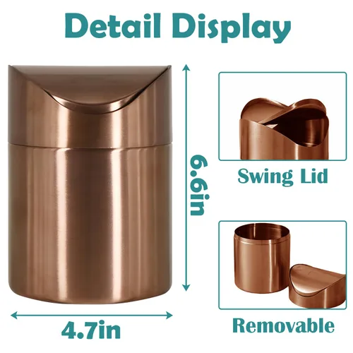 Vista 2 de Mini basurero, pequeño cubo de basura de escritorio con tapa giratoria, de acero inoxidable, para encimera de baño, cubos de basura de cocina