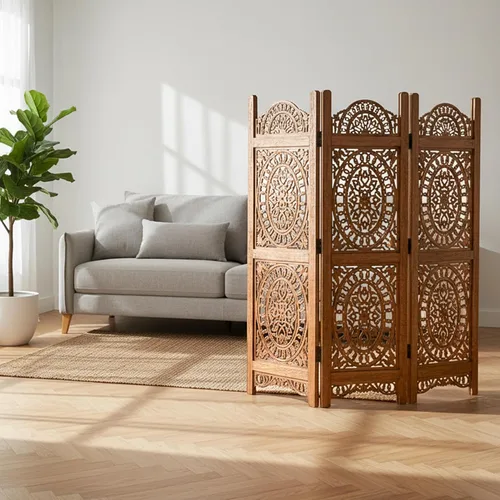 Vista 2 de Lightnpro - Divisor plegable con bisagras de madera con diseño de corazón de madera, 4 paneles con diseños intrincadamente tallados, premontado