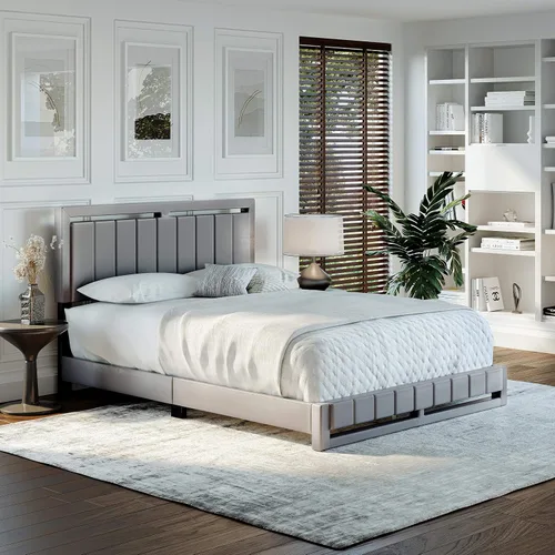 Vista 24 de Beaumont - Cama de plataforma tapizada con cabecero, base de colchón con 14 soportes de listones de madera, no requiere somier, piel sintética