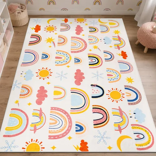Vista 8 de Alfombra de arco iris para niños, 3 pies 3 pulgadas x 4 pies 11 pulgadas, alfombra suave para niños, alfombra grande lavable espacial