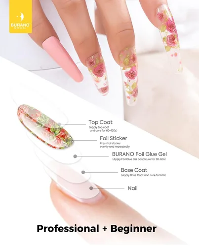 Vista 4 de BURANO Gel de pegamento para arte de uñas, 0.5 onzas líquidas, 2 botellas con 60 calcomanías de láminas, diseño de uñas, arte de transferencia
