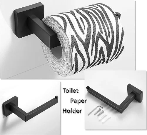 Vista 4 de Juego de accesorios de baño negro de 4 piezas, barra de toalla/soporte de papel higiénico/soporte para toallas de mano/gancho de toalla, montado