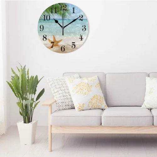 Vista 2 de WIHVE Reloj de pared redondo con diseño de estrellas de mar tropicales y hojas de palma, silencioso, sin tictac, 10 pulgadas, funciona
