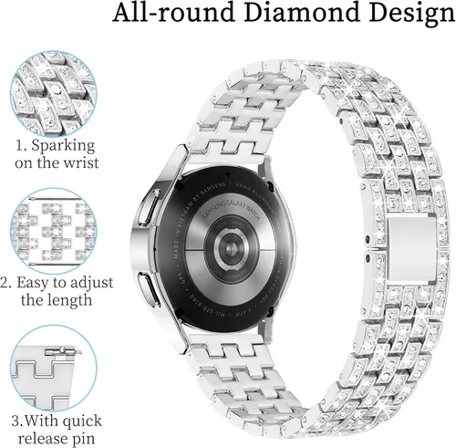Vista 2 de Correa de diamantes compatible con Samsung Galaxy Watch 4 5 FE - Correa de 1.575 pulgadas con protector de pantalla, 0.787 pulgadas de liberación