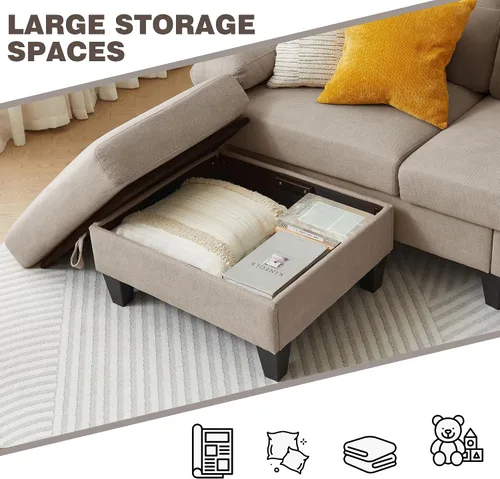 Vista 6 de Sofá modular convertible de 84 pulgadas, moderno sofá pequeño en forma de L de tela de lino con diván reversible, sofá de 3 asientos para sala
