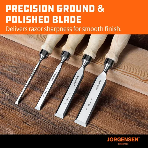 Vista 4 de Jorgensen - Juego de 4 cinceles de madera, cinceles de acero de aleación de cromo con borde biselado, cinceles de madera para carpintería, mango