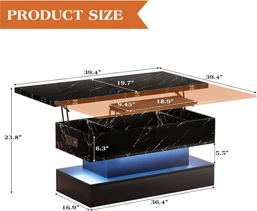 Vista 2 de SYESWAY Mesa de Centro Elevable de 39.4" con Estación de Carga, Mesa de Centro Multifuncional 4 en 1 con Almacenamiento y Compartimentos Ocultos