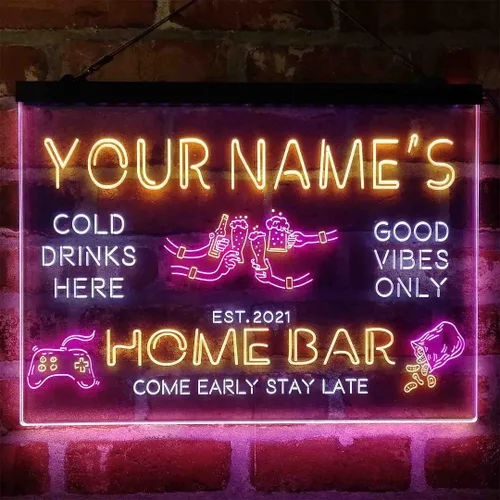 Vista 18 de Letrero de luz de neón LED tricolor para fiesta de cerveza, bar, personalizable, nombre, fecha, texto y cita, fuente verde y rojo y amarillo, 13 x