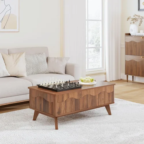Vista 2 de BERRYMERRY Mesa de centro elevable con almacenamiento oculto, mesa de centro acanalada de granja con perfil ondulado, mesa central rectangular