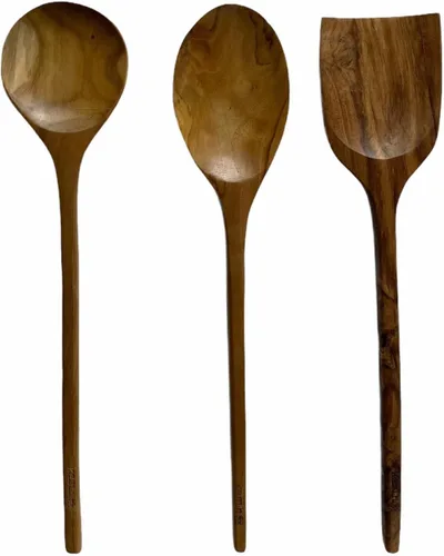 Vista 2 de Kasih Co-op Juego de 3 utensilios de cocina de madera de teca de 14 pulgadas (dos cucharas y una espátula)