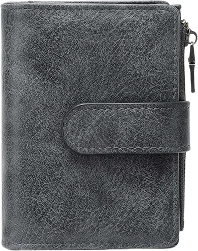 Vista 8 de Cartera pequeña de cuero vegano para mujer, billetera plegable y compacta con bolsillo para monedas con cremallera, Negro, Moderno
