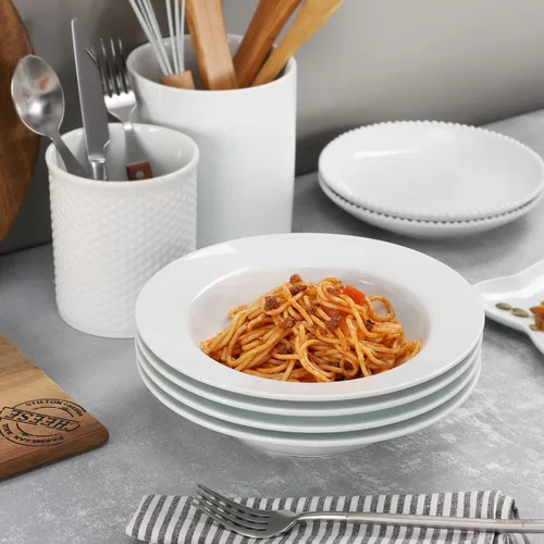 Vista 4 de Buyajuju Juego de 4 platos de sopa redondos de porcelana, cuencos para pasta, cuencos clásicos de sopa profunda, cuencos con borde de cerámica, 9.1