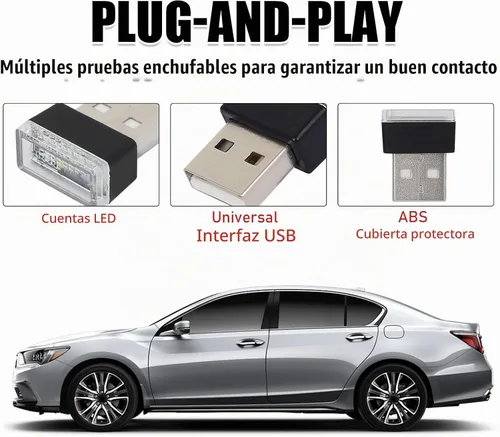 Vista 4 de 4 PCS Lámpara de Atmósfera Interior de Coche LED USB, Mini Luz Nocturna LED Portátil, Kit de Iluminación Ambiental de Maletero con Interfaz USB