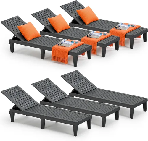 Vista 10 de Juego de sillas reclinables al aire libre, 2 piezas, 5 posiciones ajustables para bronceado con textura de madera, silla de patio de resina