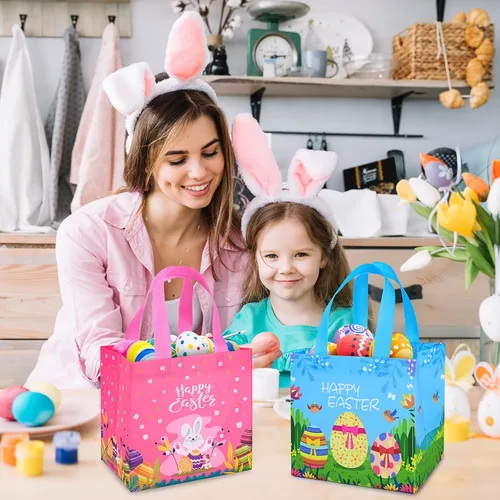 Vista 3 de Iioscre 8 bolsas de regalo de Pascua, cesta de Pascua reutilizable con asas, bolsas de regalo no tejidas para niños, caza de huevos de Pascua