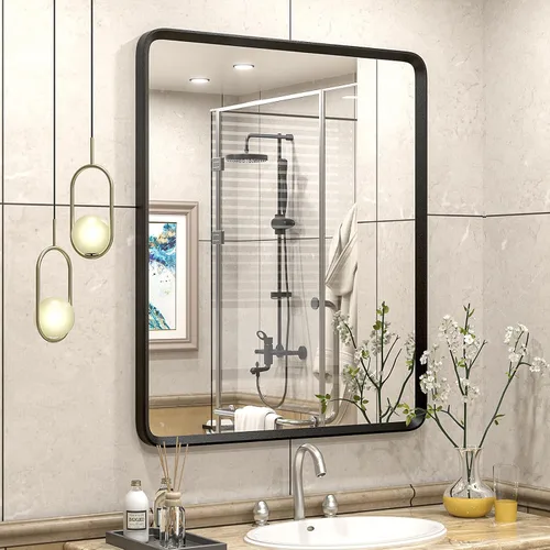Vista 27 de Espejo rectangular con marco mate negro de 20x30 pulgadas para baño, espejo de tocador para pared de baño con esquinas redondeadas, antióxido y a