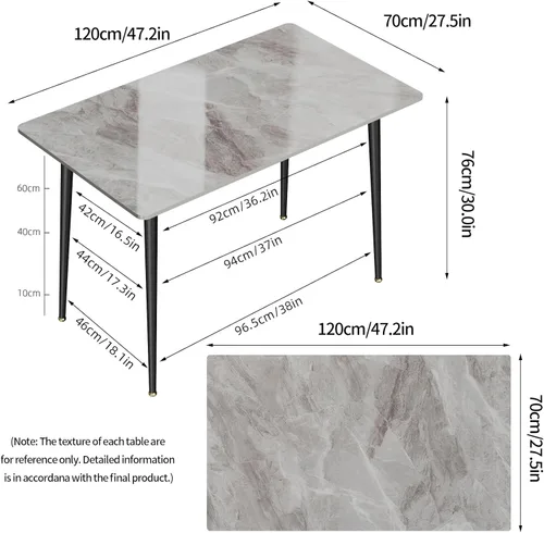 Vista 2 de Wisfor Mesa de comedor de piedra sinterizada: mesa de cocina gris de 47.2 x 27.5 pulgadas con patas de metal - Mesa de desayuno de 6 asientos
