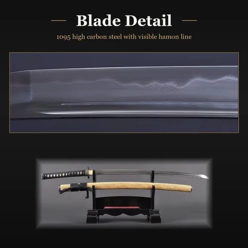 Vista 5 de Katana Samurai Sword, 1045 Carbon Steel, Hand Forged, Full Tang Patrón de bambú y bambú Saya