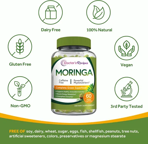 Vista 5 de Doctor's Recipes Moringa 11,000 mg de potencia, Superalimento Verde Completo, Apoyo Antioxidante Natural, Sin OMG, 60 cápsulas veganas, Sin cafeína