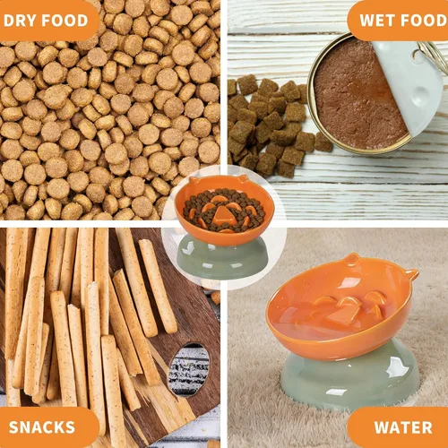 Vista 7 de Ceramic Slow Feeder Cat Bowl, 15-Degree Tilted Non-Slip Orange