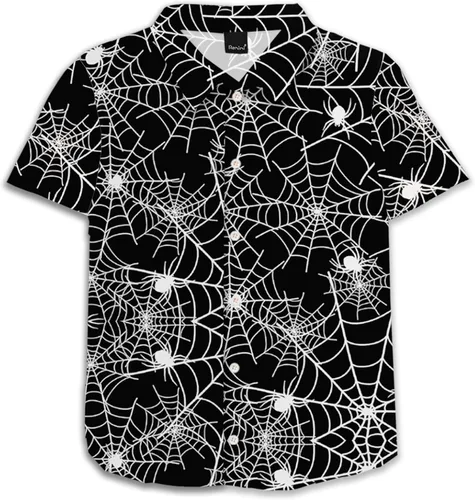 Vista 23 de Remimi Camisa unisex de Halloween para niños, camisetas hawaianas de manga corta con botones feos de 5 a 14 años Christmas Gift