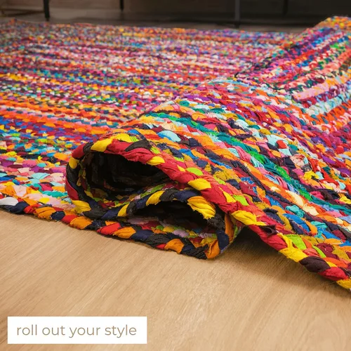 Vista 5 de RAJRANG Alfombra reversible Chindi de trapo, de algodón de 2 x 3 pies, hecha a mano, trenzada, multicolor, alfombra bohemia