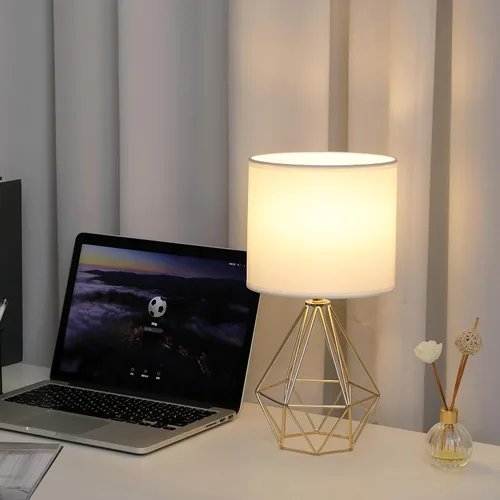 Vista 6 de Juego de 2 lámparas de mesa pequeñas doradas, lámparas de mesita de noche con pantalla blanca, base de metal hueca, lámpara de escritorio geométrica