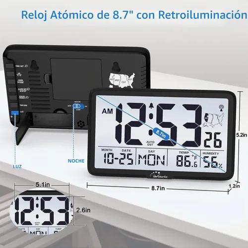 Vista 2 de WallarGe Reloj de pared atómico con luz de fondo, funciona con pilas Negro