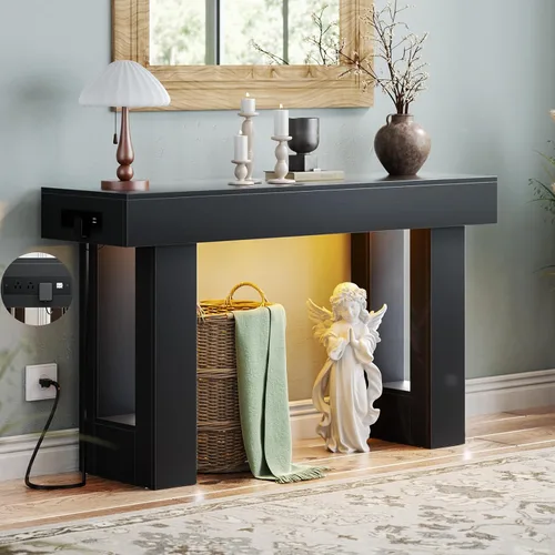 Vista 21 de Unikito Mesa de entrada de 32 pulgadas con enchufe y sensor de luz, mesa consola estrecha con almacenamiento detrás del sofá, mesa de entrada