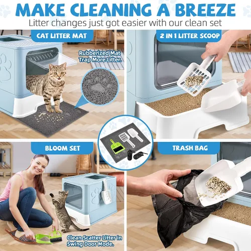 Vista 6 de Caja de arena cubierta para gatos con alfombrilla de arena, plegable, extra grande, puerta ajustable de doble entrada, diseño de cajón, caja de Azul