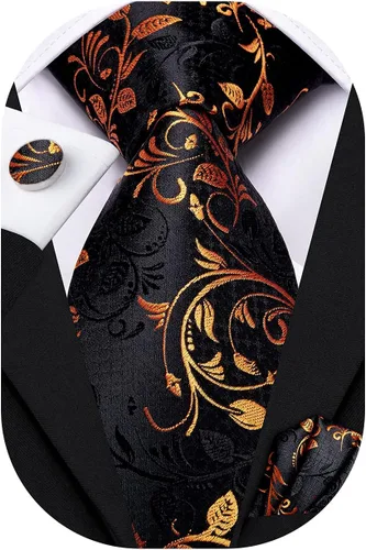 Vista 27 de Hi-Tie Conjunto de corbatas de seda con estampado paisley para hombre, pañuelo de bolsillo y gemelos, conjuntos de corbata formal para negocios a