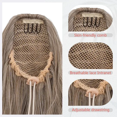 Vista 2 de S-noilite Extensión de cola de caballo larga con cordón, de 32 pulgadas, rizada, ondulada con clip, para mujer, cola de caballo rubia, ondulada
