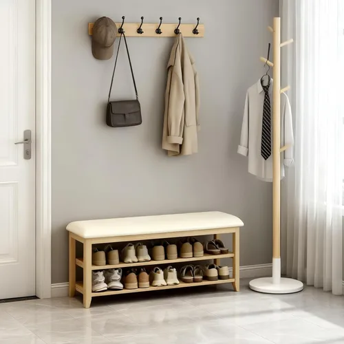 Vista 5 de Banco de almacenamiento de zapatos de madera con cojín de cuero